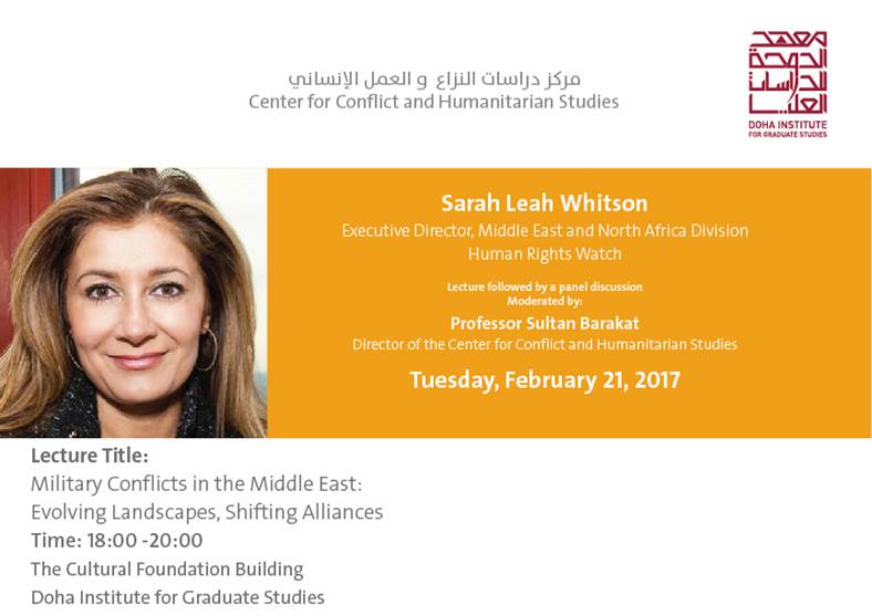 Join us for lecture on Military Conflicts in Middle East by <a href="/sarahleah1/">Sarah Leah Whitson</a> &amp; discussion moderated by <a href="/BARAKAT_Sultan/">Sultan Barakat | سلطان بركات</a> Thurs 6pm <a href="/dohainstitute/">معهد الدوحة للدراسات العليا</a>