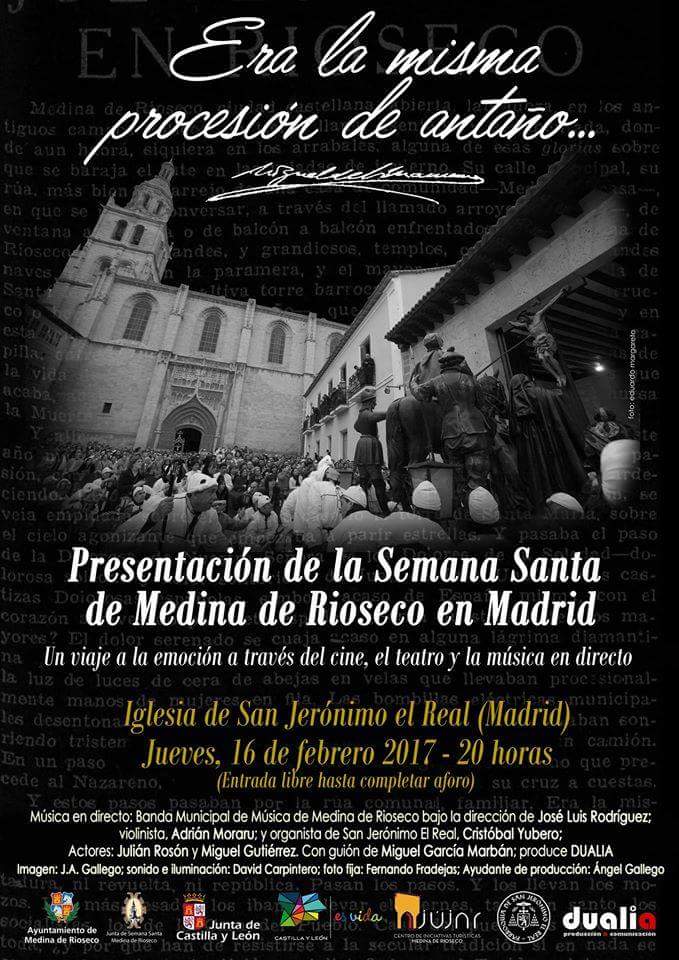 Hoy estaremos en #Madrid en el acto central de promoción de #SSantaRioseco

🎺#EraLaMismaProcesionDeAntaño
🏤Iglesia de los Jerónimos
⌚20:00h