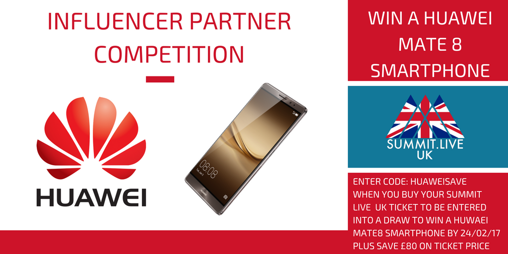 summitliveuk's tweet photo. When you enter the code #HUAWEISAVE get your Summit Live UK ticket for £199 (+VAT and ticket fee) and be entered to win a Mate8 smartphone https://t.co/d2YGVKh3ax