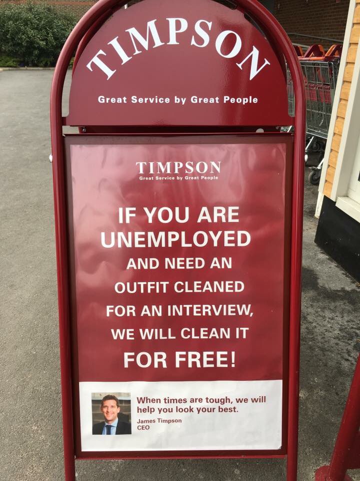 JamesMelville's tweet image. What a fantastic gesture by Timpson dry cleaners. Free dry cleaning for the unemployed who have a job interview.