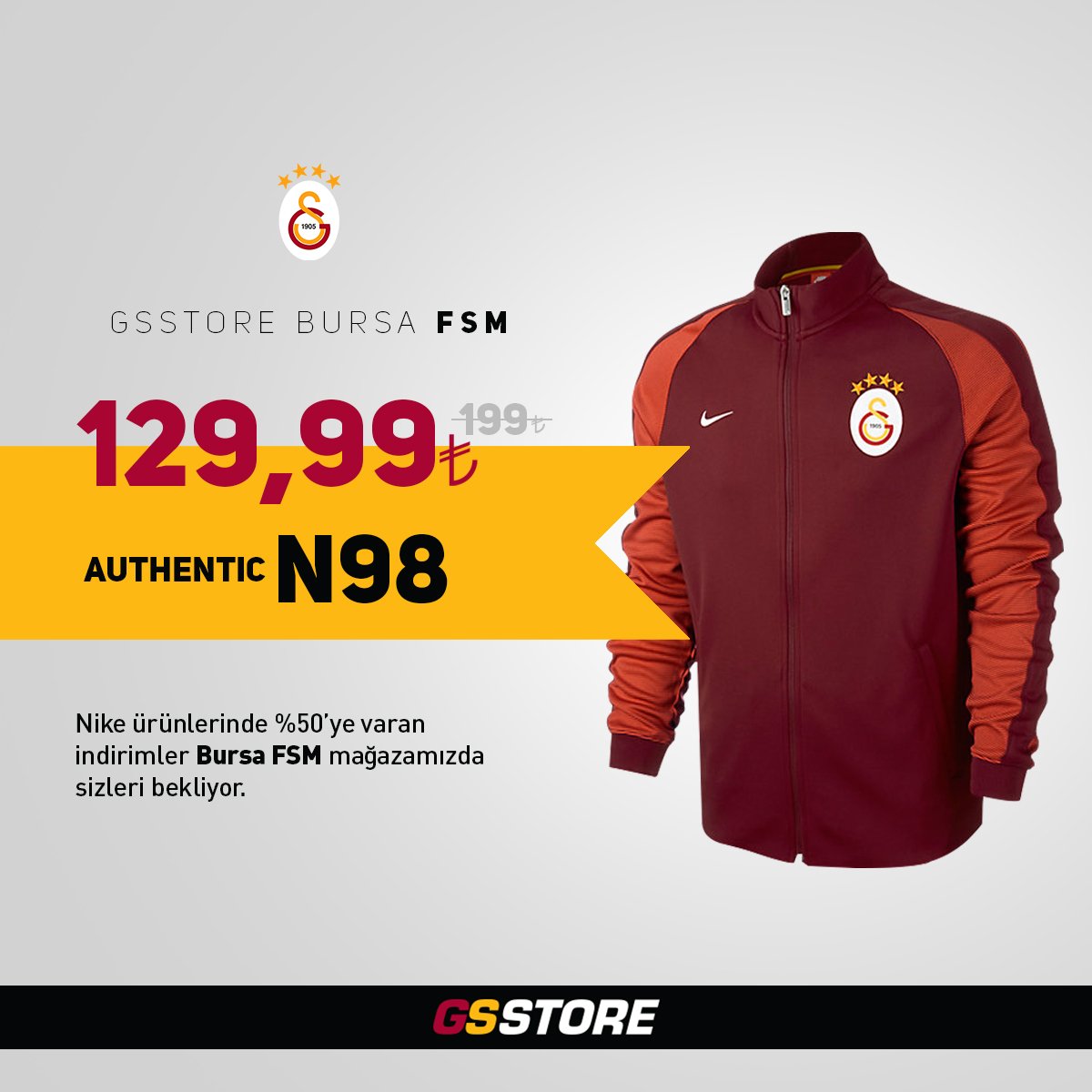 GSStoreBursa's tweet photo. N98 ceket 199TL yerine 129.99TL! // Nike ürünlerinde %50'ye varan indirim fırsatı #Bursa FSM #GSStore'da. #GSStoreFSM | 0 (224) 451 51 94 https://t.co/o41cvUVmYN