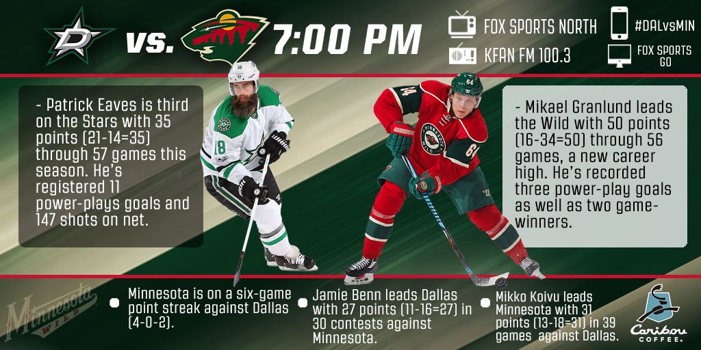 mnwild's tweet photo. #mnwild and #stars play at 7 tonight. Gear up with the @Caribou_Coffee infographic. #DALvsMIN

📰 Wild Warmup → https://t.co/9HjRxdoUTn https://t.co/gPDGQTSo5z