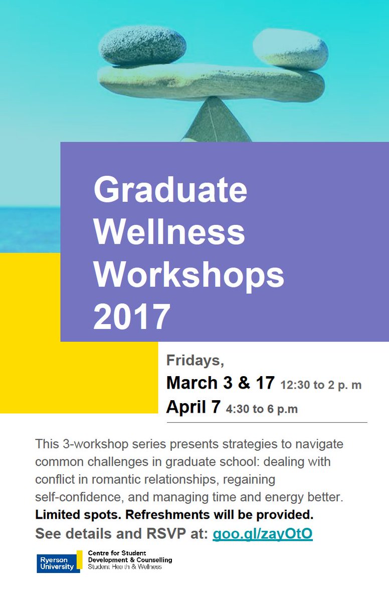 maps_therapy's tweet photo. Graduate academic success comes with healthy balance! Join us for this workshop series  #RUGradStudies #RyersonSA https://t.co/ukZfx3jSTJ