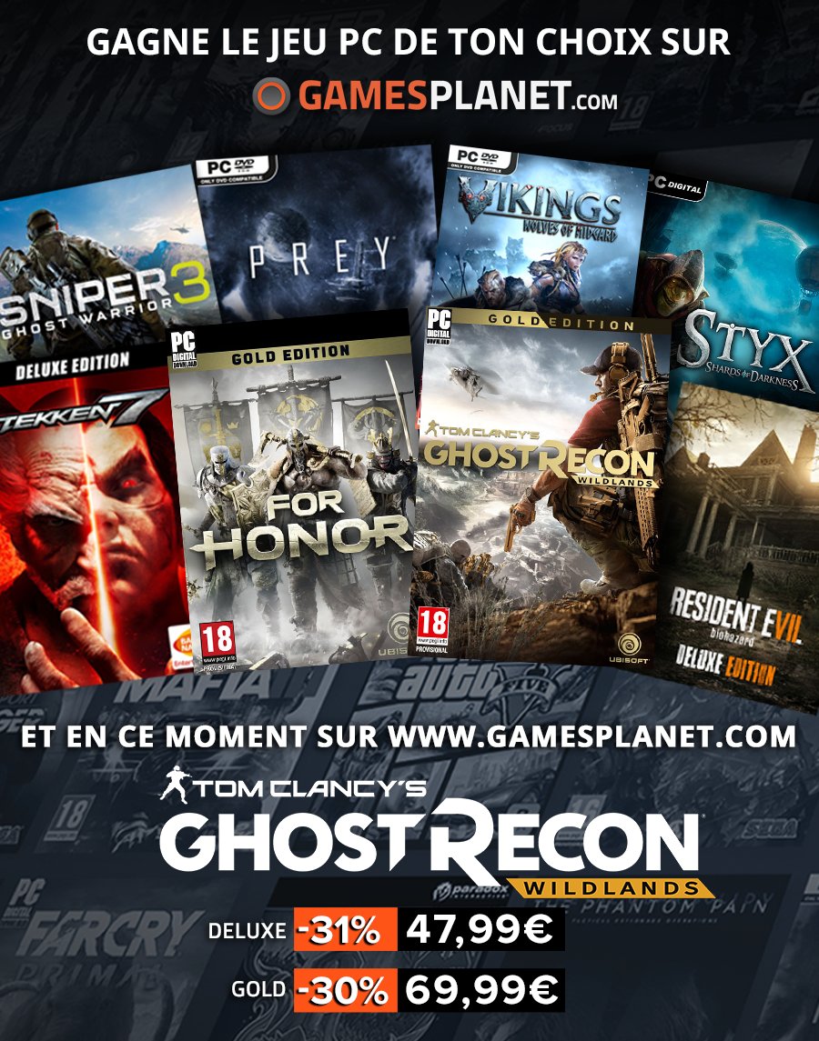 JVCom's tweet photo. #Concours: gagnez un jeu PC, 3 gagnants👌
RT+Follow @GamesplanetFR + @JVCom, fin 24/02

Ghost Recon Wildlands à -31%: https://t.co/O6qMLET3Wc https://t.co/X0iMGlDOSQ