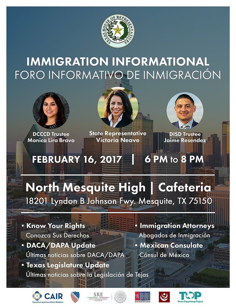 DallasHBA's tweet photo. We are happy to co-sponsor #immigration informational w/@Victoria4Texas @monicalirabravo & Jaime Resendez. See you there! #DFWDetained https://t.co/uMF6DeK40z