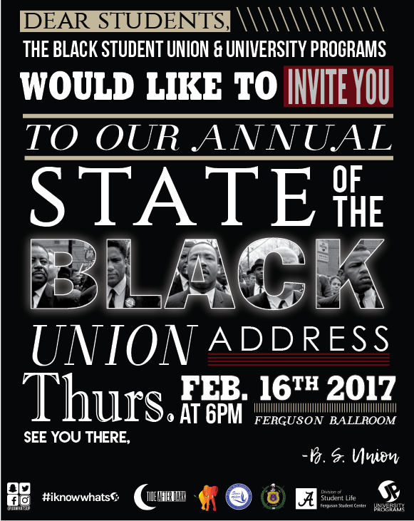 UAwhatsUP's tweet photo. Join UP and BSU tonight for the State of the Black Union Address | 6PM | Ferg Ballroom https://t.co/mUiungqqZ2