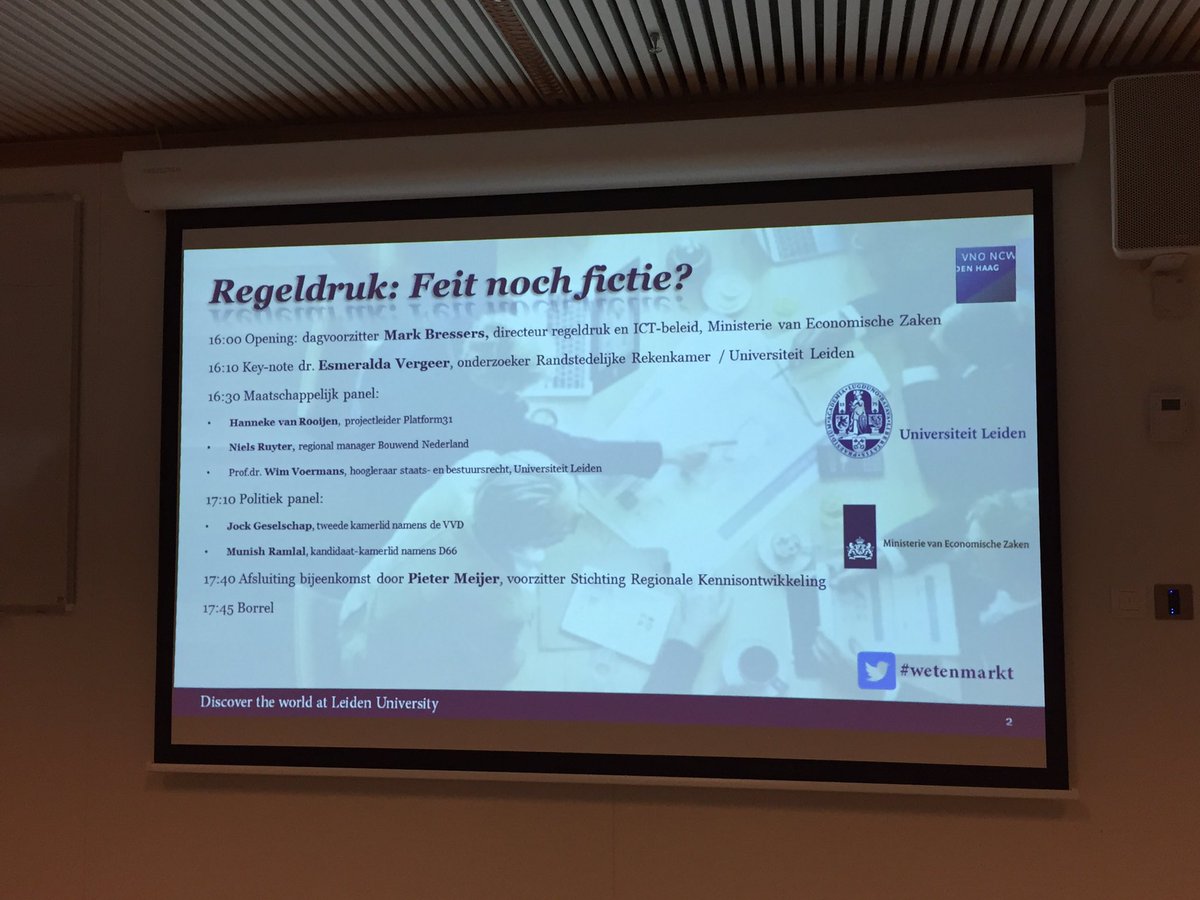 DualPhDCentre's tweet photo. @e_vergeer trapt de bijeenkomst af: waarom hebben ondernemers nog steeds last van regeldruk? #dualphd #wetenmarkt @Regeldruk @VNONCWDenHaag https://t.co/i9bv4ruqNZ