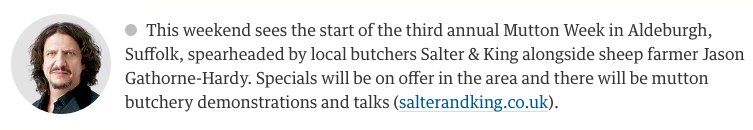 SalterandKing's tweet photo. Chuffed to get a mention about our #MuttonWeek in @guardianfood last weekend - thanks @jayrayner1! https://t.co/6nTNX6twS8 https://t.co/MjAGlNi4Rv