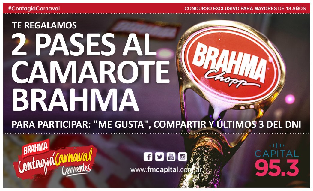 CAPITAL953's tweet photo. Mañana se van 2 pases para el camarote de @CervezaBrahma 🎊 #ContagiaCarnaval Participá con NOMBRE + DNI y ¡Seguinos! https://t.co/LXWK9wzk6y https://t.co/mM4LbrYh7g