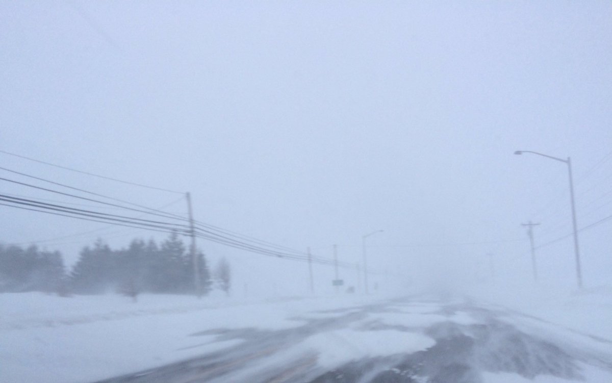PEICorey's tweet photo. The view an hour ago: Pleasant Grove Rd , York Rd &amp; TCH near @JewellsMarket And now it's really snowing &amp; blowing. #pestorm #pei #staysafe https://t.co/AcMpdfcPyQ