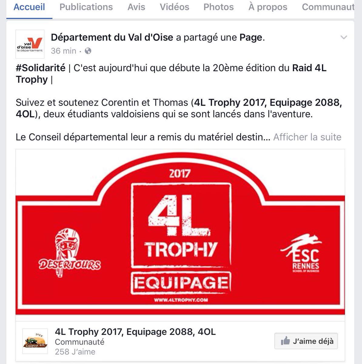 tendancesvdo's tweet photo. Bravo au #CDVO pour son superbe invest. #solidaire Le #valdoise aide, encadre ses jeunes #4LTrophy2017
#départementdynamique #solidarité https://t.co/RpEmQqrT0l
