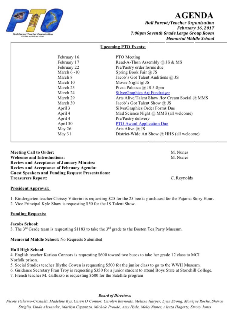 Please come to the PTO meeting tonight at 7:00pm in the Memorial Middle School. Free babysitting provided!