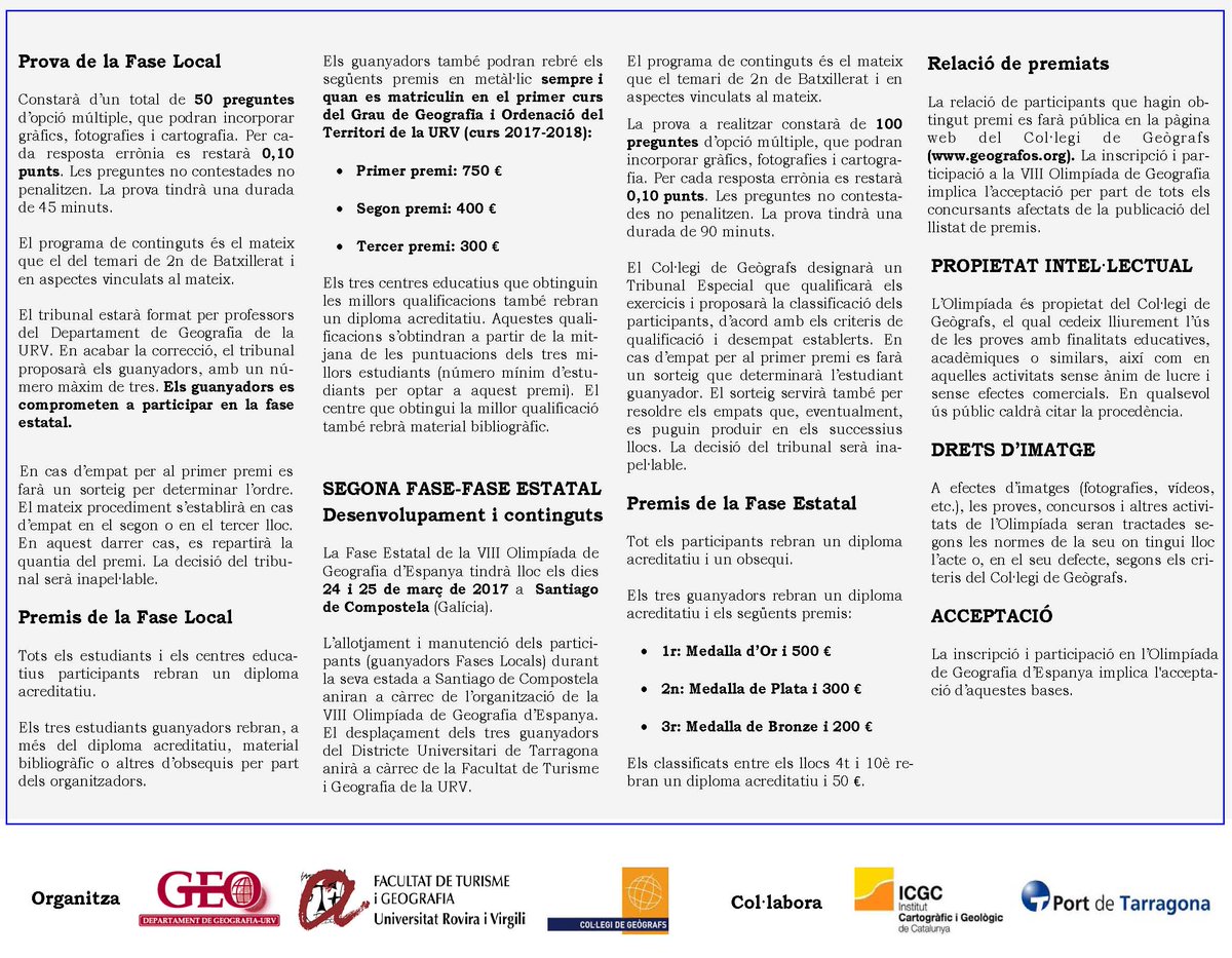 geografiaURV's tweet photo. El proper dimarts: 23 centres/110 estudiants participen Fase Local VIII Olimpíada #Geogafia @ftgURV @universitatURV No us ho podeu perdre. https://t.co/SLW4YII0AD