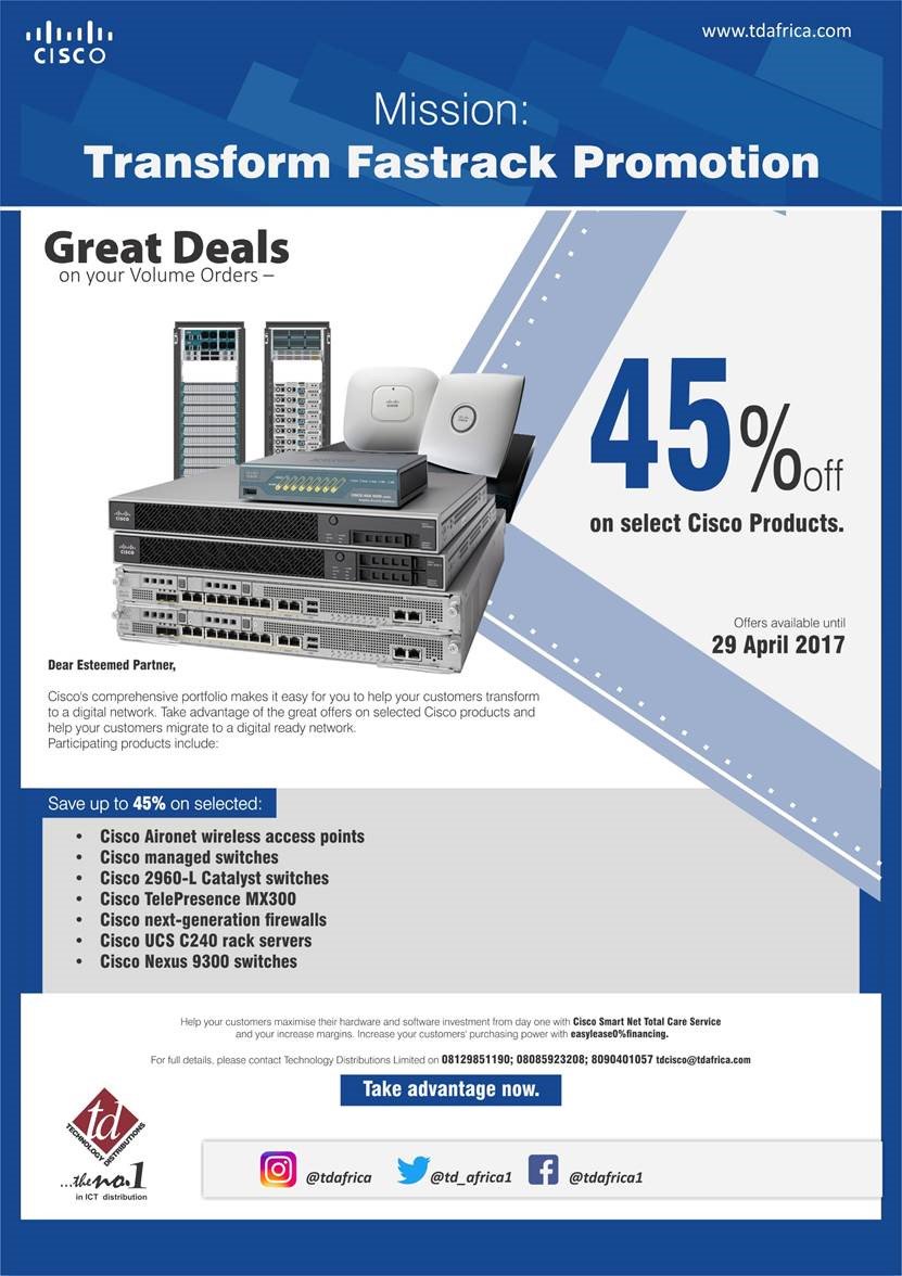 Td_africa1's tweet photo. Genuine Discounts you don't wanna miss. 45% off on selected @Cisco products.
Call 08129851190. #MissionTransform @CiscoDistEMEAR @momsyru https://t.co/qlTGyRbfQa