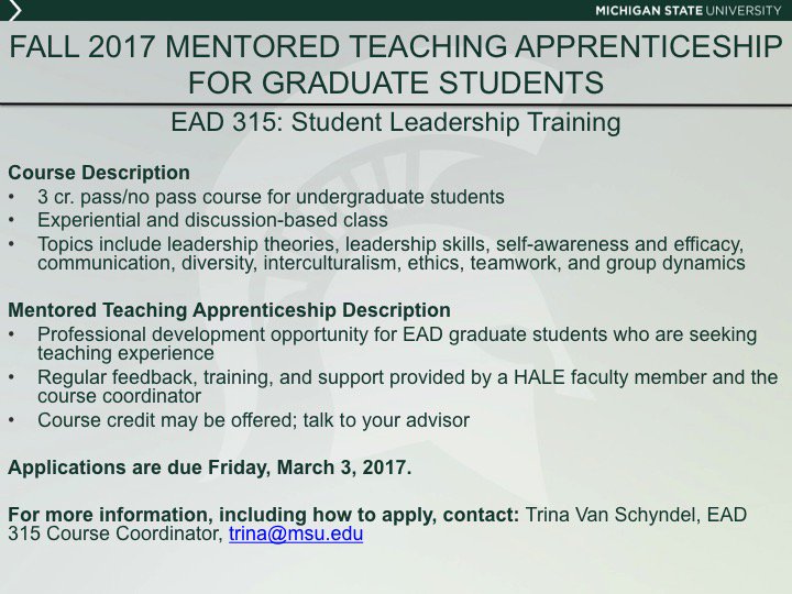 msusaa's tweet photo. Interested in teaching EAD 315 in Fall 2017? Applications due Friday, March 3! https://t.co/wNKCOpmYG1