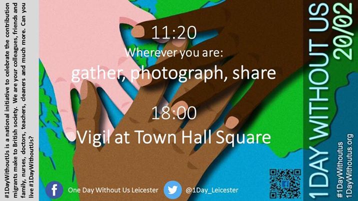 1Day_Leicester's tweet photo. Wherever you are on Feb 20 at 11:20 UK time, gather, photograph and share on #1DayLeicester #1DayWithoutUs
#labflags #weareallmigrants https://t.co/3O4efGUQGV