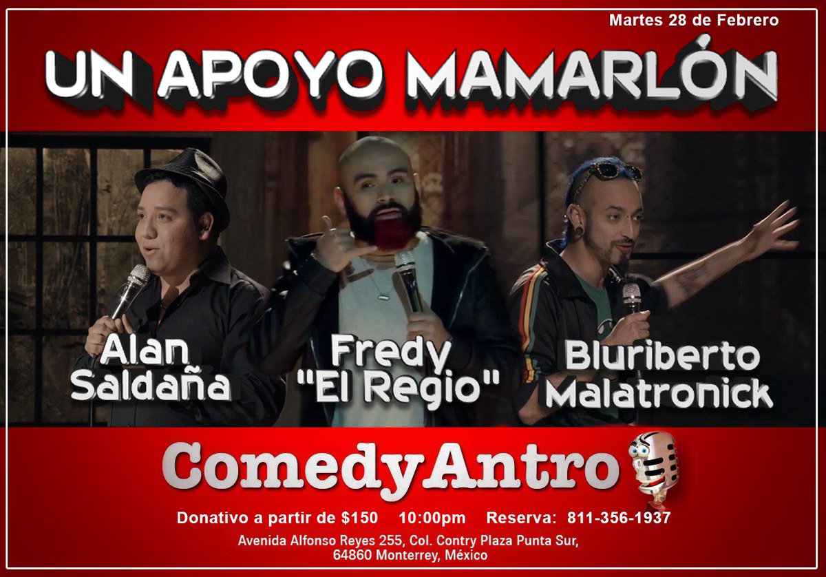 FredyRegio's tweet photo. Shows febrero
19 @ElCuevonDF (Promo)
23 #LunaRoja Xochimilco ft @carocamppos
25 @YorkerMetepec
28 #Comedyantro en apoyo a @marlonshow https://t.co/v56kBFKT7i