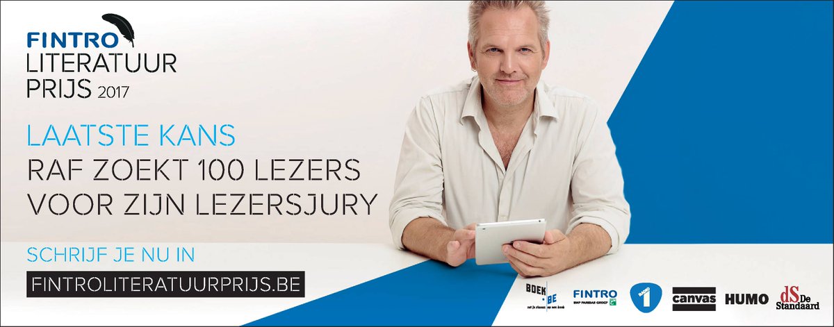 FintroLitprijs's tweet photo. Laatste kans: stel je voor maandag nog kandidaat voor de Lezersjury van de #fintroliteratuurprijs. Raf rekent op jou https://t.co/Ic92eHbZtZ https://t.co/N0WoTMWT9Z
