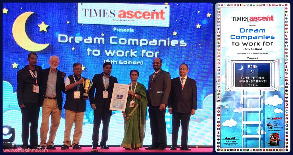 Omega_HMS's tweet photo. Omega Ranked 31st Dream Company to Work For at the World HRD Congress 2017 #WHRDC #Dreamcompaniestoworkfor #Omegahealthcare #TimesAscent #HR https://t.co/2aT6EXxpEq