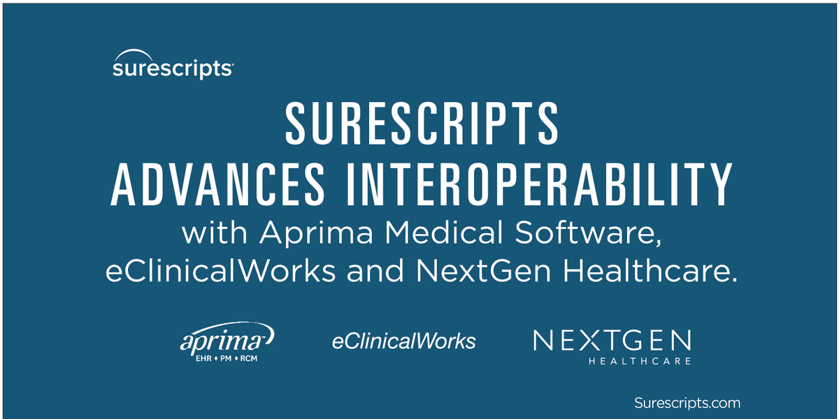 Surescripts's tweet photo. .@AprimaMedEHR @eClinicalWorks &amp; @NextGen helping achieve #interoperability w/Nat'l Record Locator Service! https://t.co/o2iv4AdhnT #HIMSS17 https://t.co/n47KGupvr6