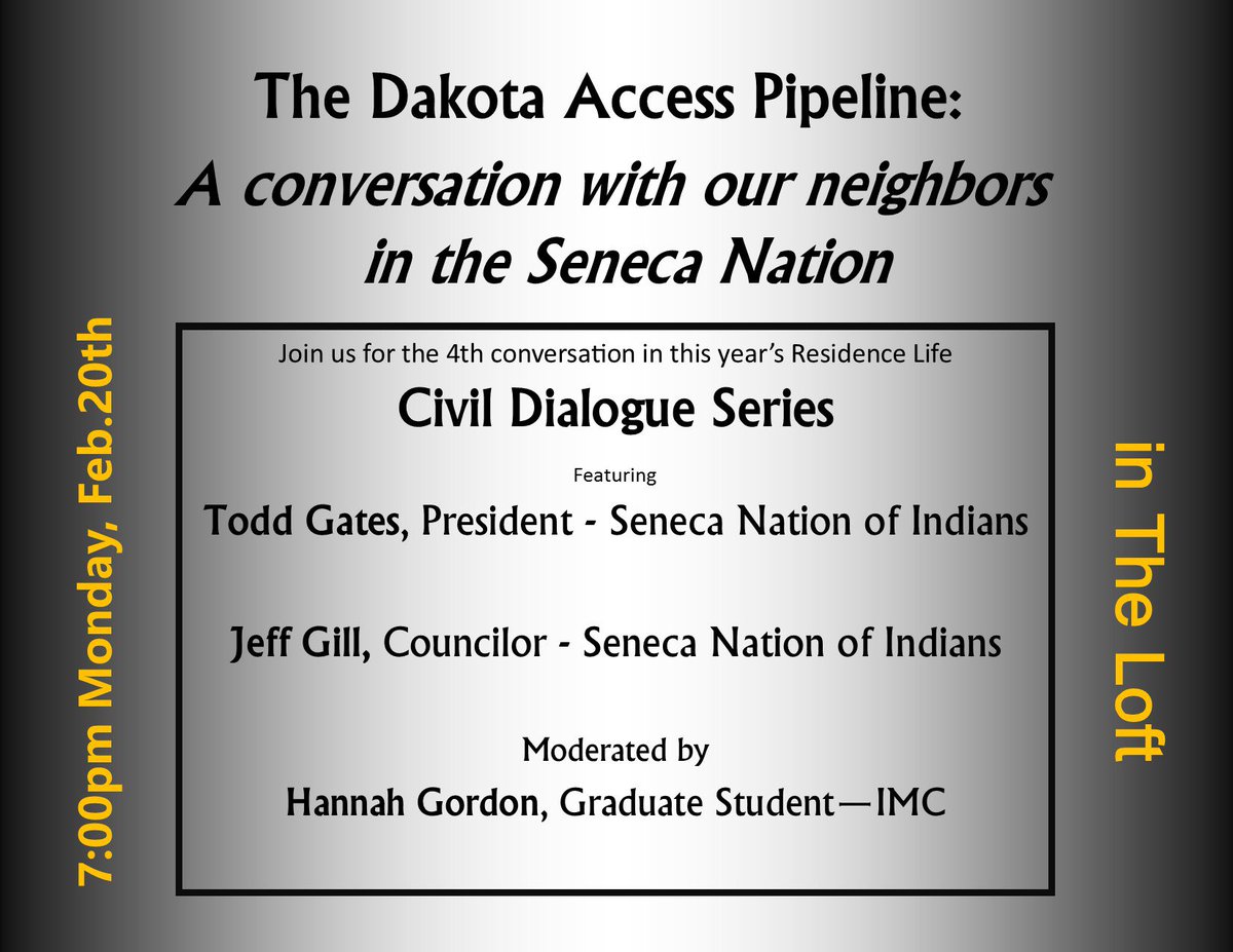 ResEdatSBU's tweet photo. Dakota Access Pipeline Civil Dialogue! #youshouldbethere @StBonaventure @BonasNotice https://t.co/5bOU46GNiB