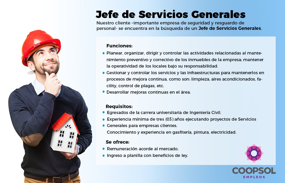 CoopsolEmpleos's tweet photo. Oportunidad de #trabajo.Se requiere: jefe de servicios generales.Postula aqui: https://t.co/xkLa4Z660g https://t.co/8Odk4fVUiq