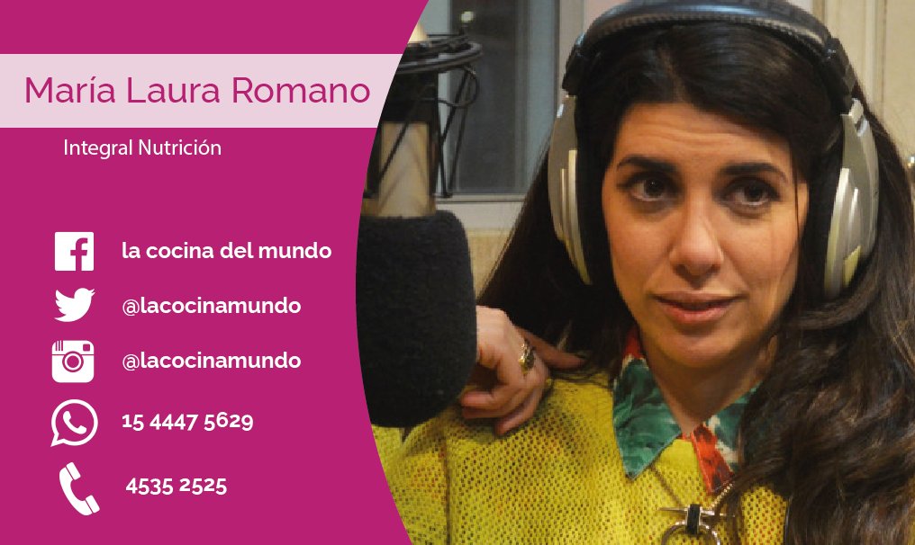 Este Sábado de 21 a 00 recibimos en <a href="/ElMundoAM1070/">Radio_El_Mundo_AM1070</a> #LauraRomano, representante de <a href="/integralnutriok/">Lic. Laura Romano</a>!
Buena alimentación en <a href="/lacocinamundo/">La Cocina del Mundo</a>!