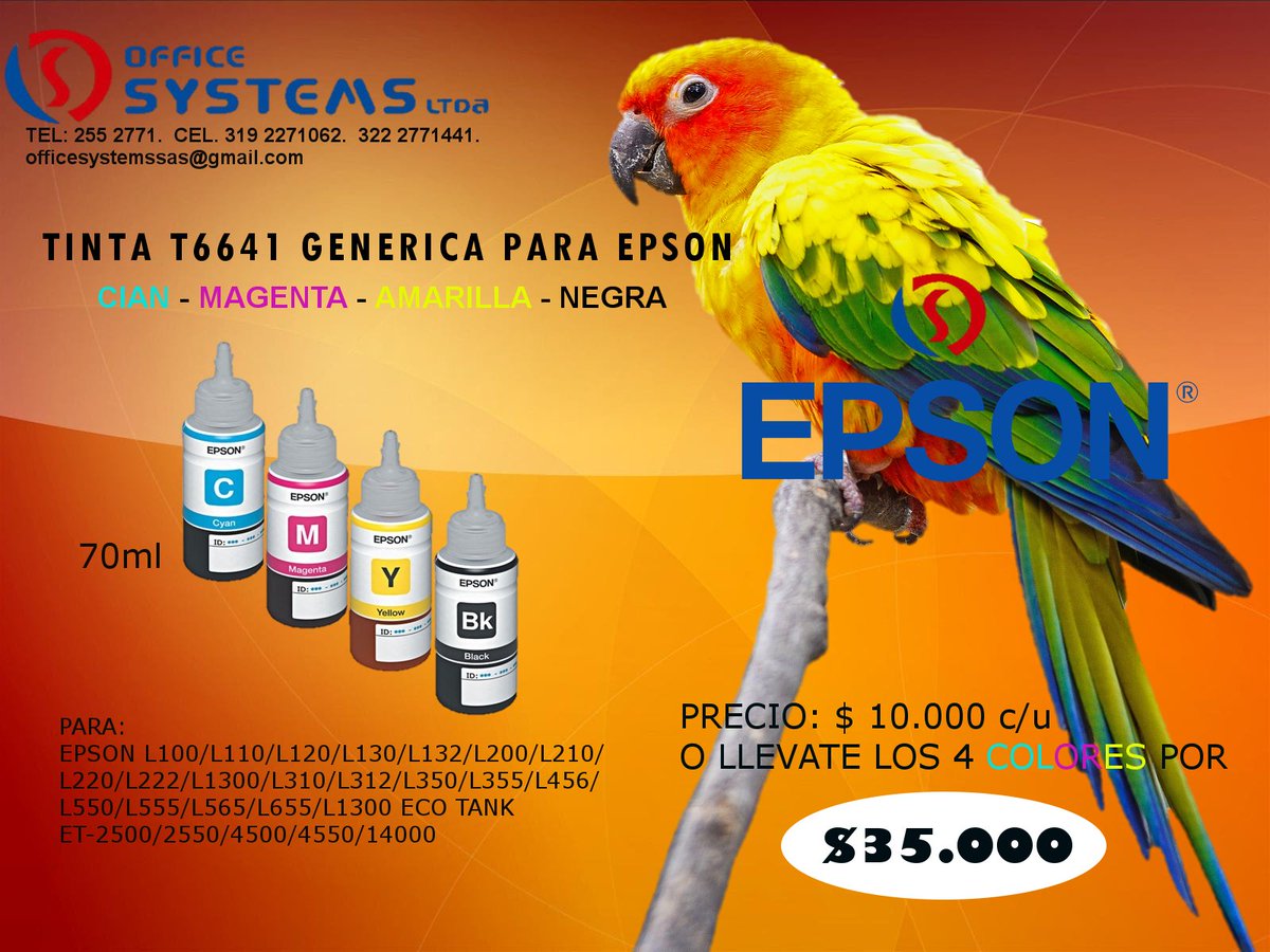 officesystemssa's tweet image. AHORRA DINERO CON LAS TINTAS GENÉRICAS 70ml EPSON 
$10.000 c/u, o llévate 4 x $35.000
#FelizJueves #Officesystemsloquieroya #epson