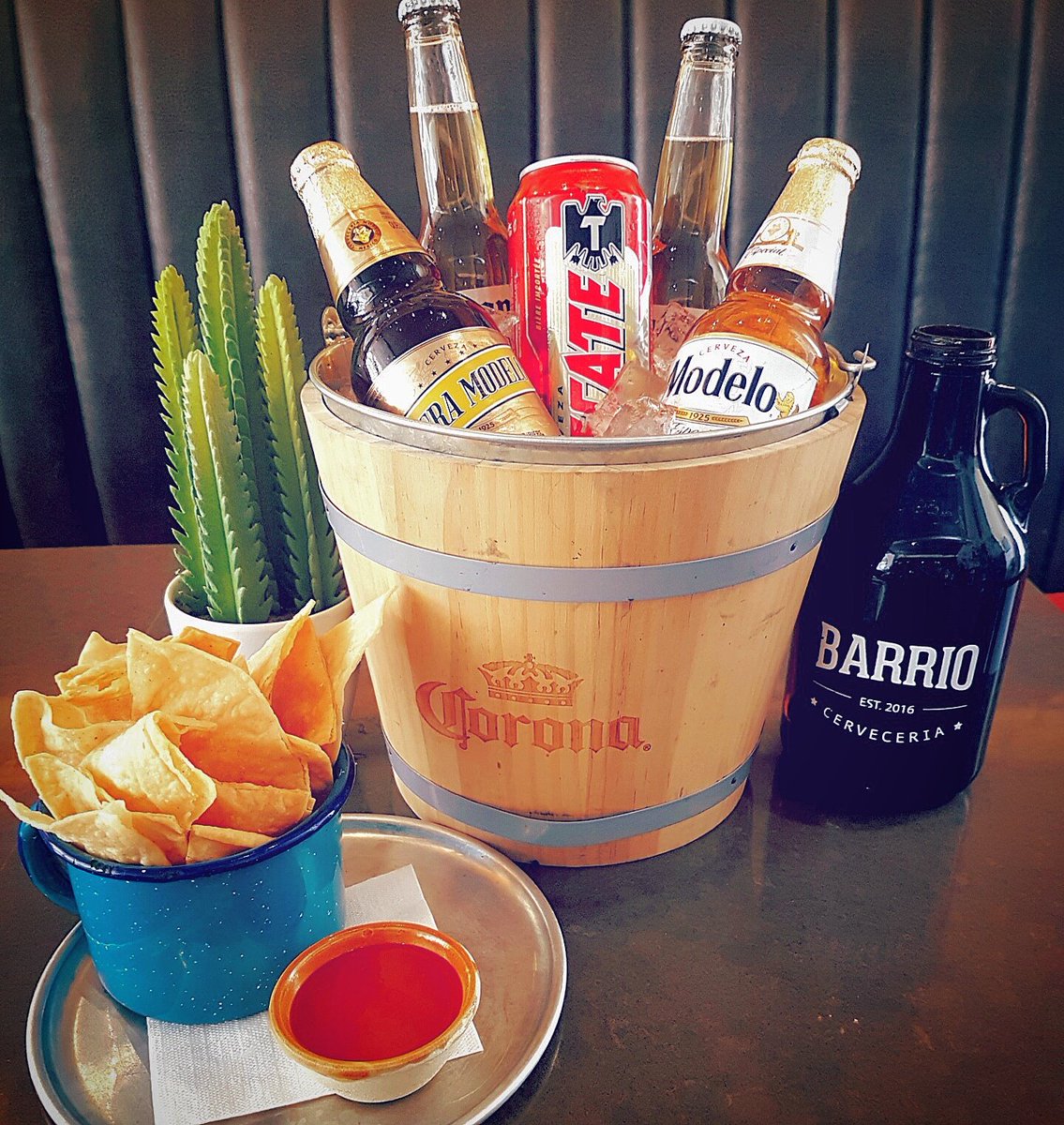 "Horas de Barrio" 4-7pm Tuesday through Friday we have a #cubeta #special pick any 5 of our #Mexican #beers for $25 plus hot sauce &amp; #chips