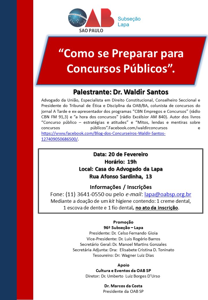 Concurseiros_Ed's tweet photo. @jornaldaband Sugestão de matéria. Prof. Dr. Waldir Santos, advogado da União, palestra em São Paulo dias 20 e 21/02. https://t.co/w1z55Ru0rd