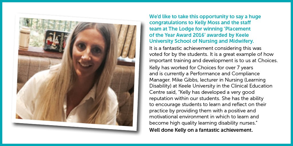 ChoicesHousing's tweet image. Kelly Moss wins ‘Placement of the Year Award 2016’ @KeeleUniversity #placement #learningdisabilitynurses