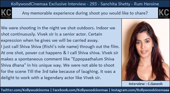 KollywoodCinima's tweet image. #RumInterview #Rum Girl @iSanchita

It was delight to work with @Actor_Vivek sir. Working with Vivek sir is memorable experience