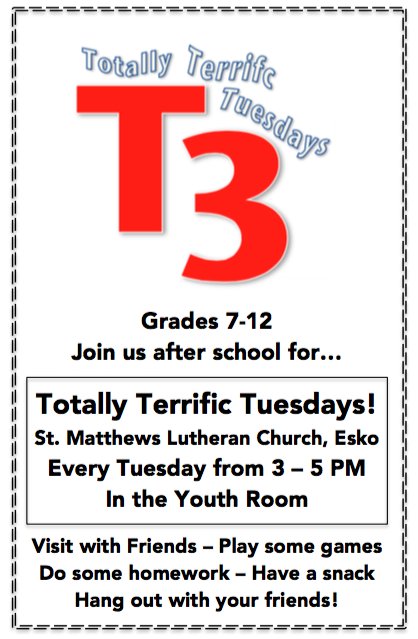 c_walth's tweet image. Totally Terrific Tuesdays (T3) are happening at St. Matthews Church in Esko!  Grades 7-12. #fb #youth #faithfun #afterschoolhangout #friends