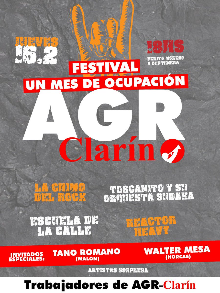 UJSPOSociales's tweet photo. HOY - A un mes de la ocupación de AGR-Clarín, festival en apoyo a los trabajadores. Vení vos también bancar esta pelea! https://t.co/X5jWQ4oAZ0