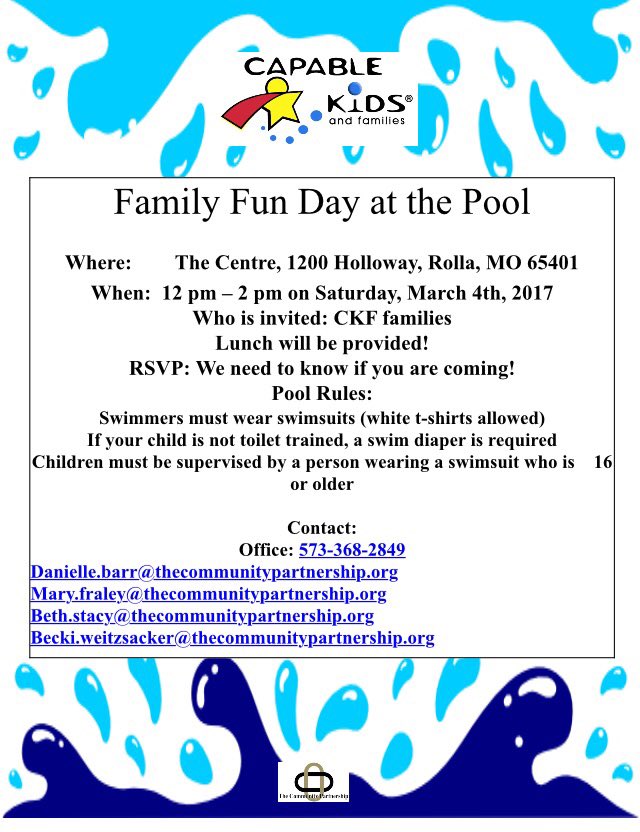 CapableKidsNFam's tweet photo. FAMILY FUN DAY AT THE POOL! It happens March 4th! https://t.co/ZsiwZoHDNi