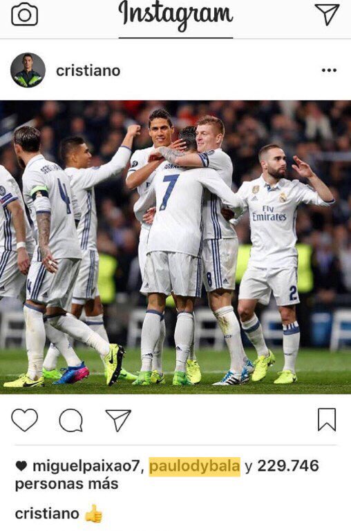 باولو ديبالا قام بعمل 'إعجاب' صورة نشرها كريستيانو رونالدو عبر حسابه على إنستغرام وهو يحتفل بهدف توني كروس ضد نابولي.