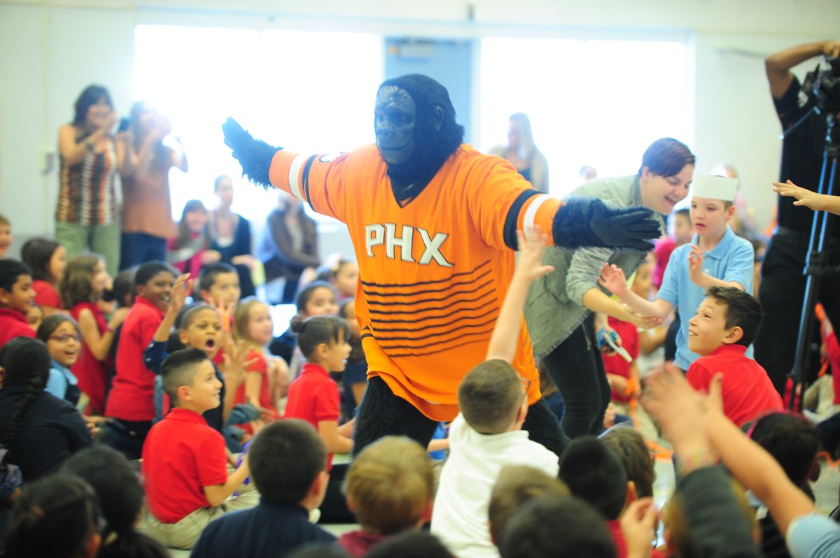 Suns's tweet photo. WIN a Suns assembly at your school with The @SunsGorilla &amp; more courtesy of @AZ_Central_CU! Visit https://t.co/k4zsz0Kb7m to enter. https://t.co/KjMA4Dc9WD