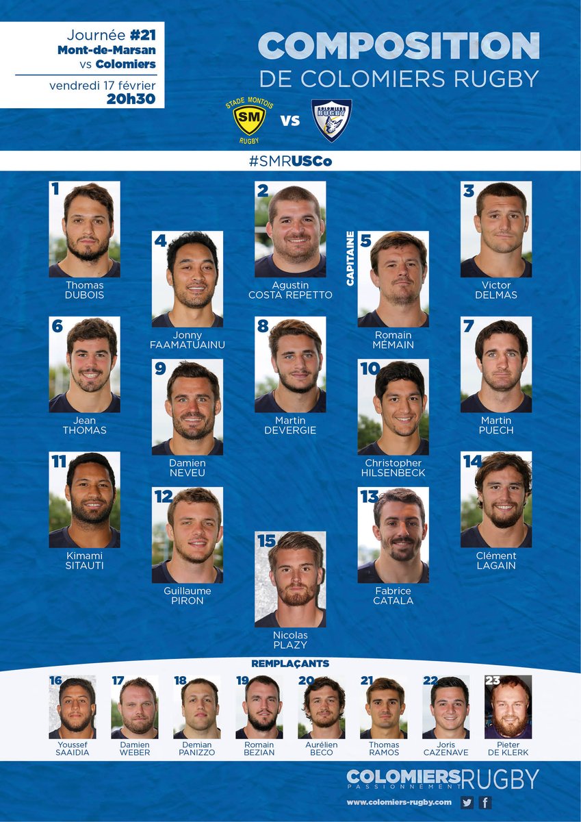 #SMRUSCo Voici la composition de Colomiers Rugby qui affrontera demain le <a href="/SMR_Rugby/">Stade Montois Rugby</a> >> à 20h30 en direct sur #Eurosport2
#AllezColomiers !
