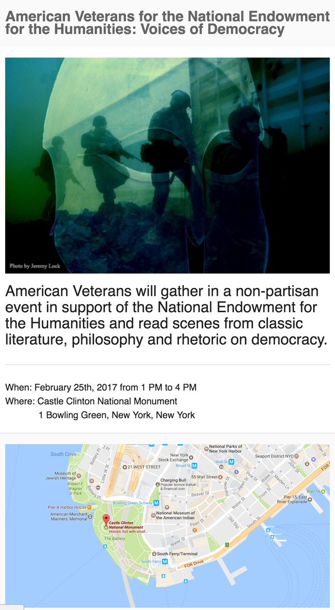 AquilaTheatre's tweet photo. American Vets will hold a non-partisan event on 02/25 in support of the National Endowment for the Humanities. #veterans #NEH #castleclinton https://t.co/9cpjvwJYoj