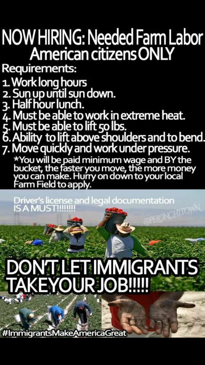 iam_roxanaa's tweet photo. Where are those people that say we are taking away your jobs? #immigrantsfeedamerica #comeapply You won't last 1 hour #America https://t.co/o73NYSZMD3