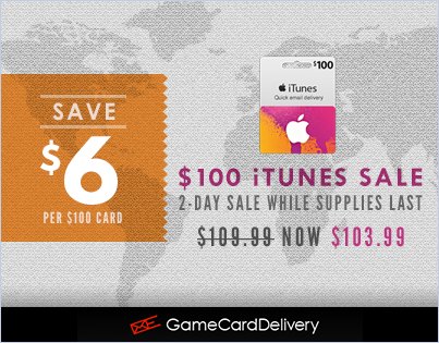 $100 iTunes on Sale Now! 
BUY NOW:: gamecarddelivery.com/buy-game-cards…