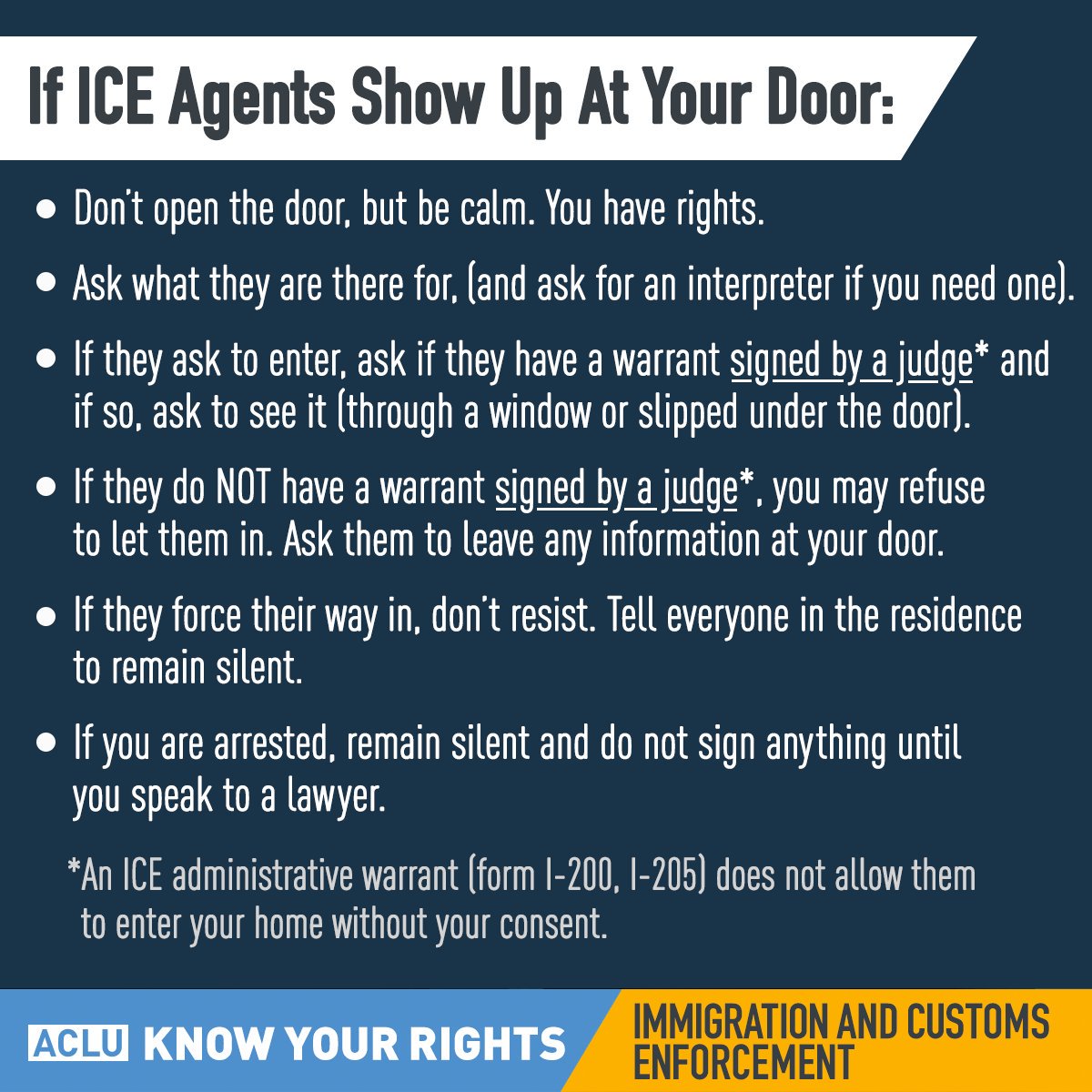 ACLU_Mass's tweet photo. KNOW YOUR RIGHTS: What to do if ICE agents show up at your door.  #NoBanNoWallNoRaids https://t.co/XGMb5Tjclj