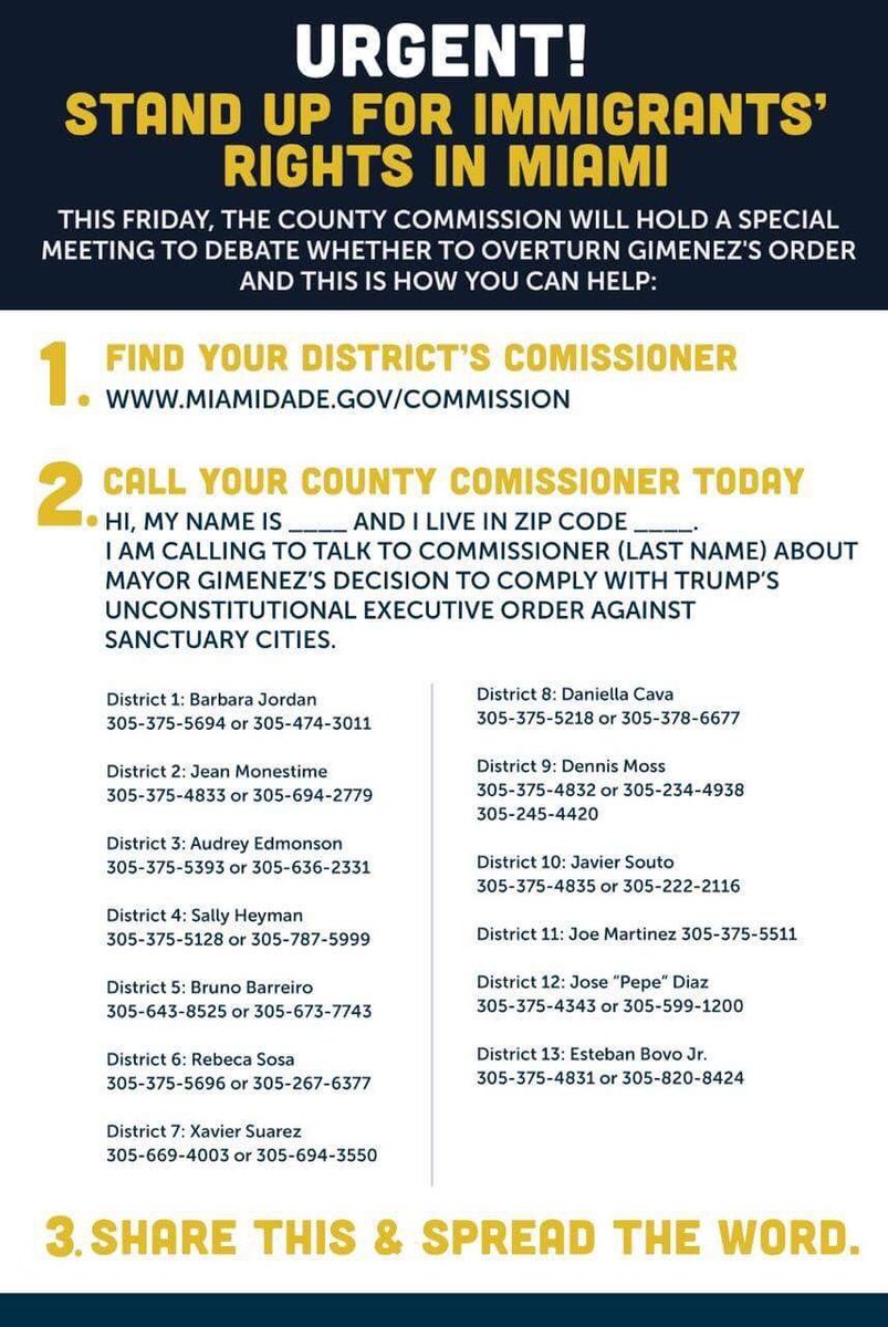 LatinaComunica's tweet photo. Urgent! Call your Commissioner today and ask them to vote against Trump's hate in #MiamiDade! #StopGimenez #MiamiFightsBack https://t.co/Y4TKDApKfs