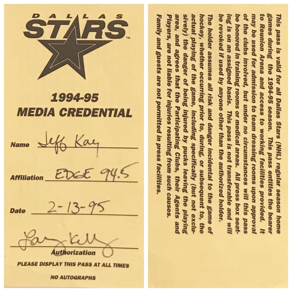 jeffk_stars's tweet image. #TBT 02.13.1995 my first ever @DallasStars media pass,  from 22 years ago this week, signed by the great Larry Kelly. #nontransferable