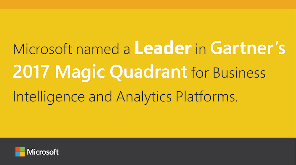 @Gartner_inc names #MSFT a Leader in 2017 MQ for #Data Warehouse & Database Mgmt Solutions for #Analytics. Read now: https://blogs.microsoft.com/blog/2017/02/16/microsoft-breaks-gartner-magic-quadrant-business-intelligence-analytics-platforms/