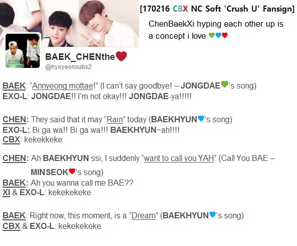 hyoyeonsubs2's tweet photo. (trans) #CBX hyping each other's songs๐๐
BAEK: #AnnyeongMottae!
CHEN: They said it may #Rain today~BAEKHYUN ssi I suddenly wanna #CallYouBAE https://t.co/XPU3Il9OXd