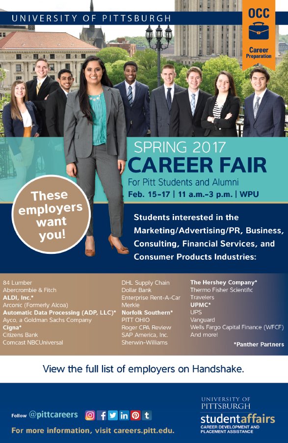 PittCareers's tweet image. Students in the Marketing/Advertising/PR, Business, Consulting, Financial Service, and Consumer Product Industries: meet employers tomorrow!