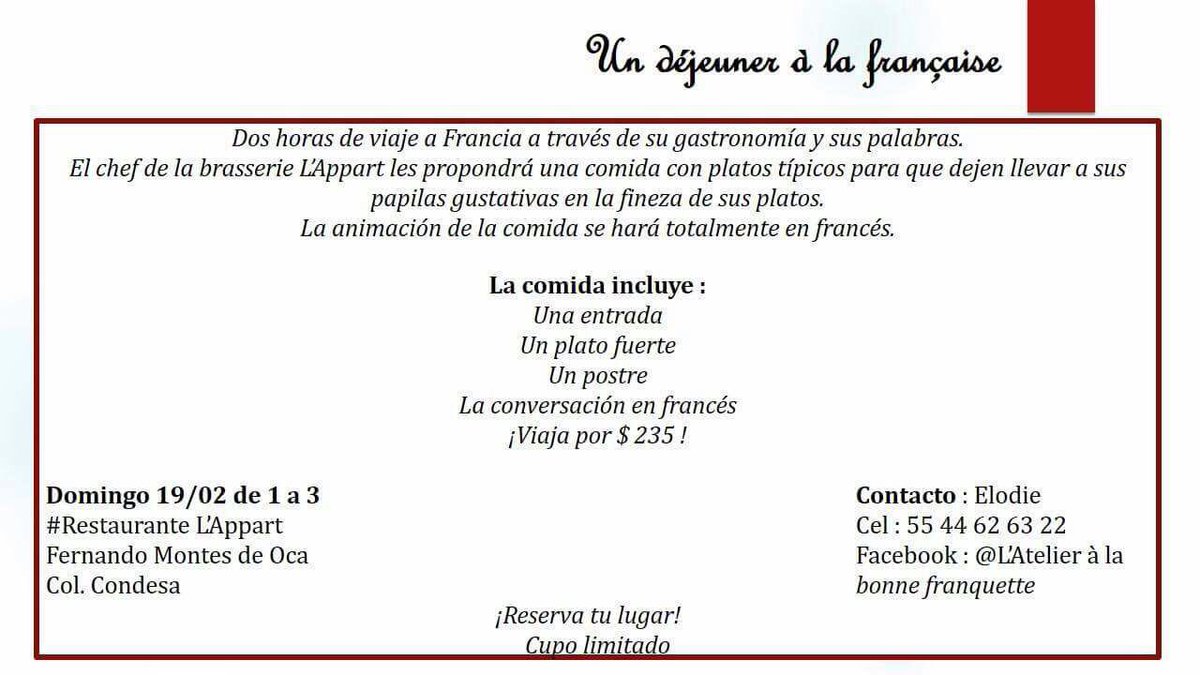 ¿Quieres practicar tu francés y comer rico este domingo? 🇫🇷🍴🍷 Checa esto y aparta tu lugar👇🏼facebook.com/events/1825355…
