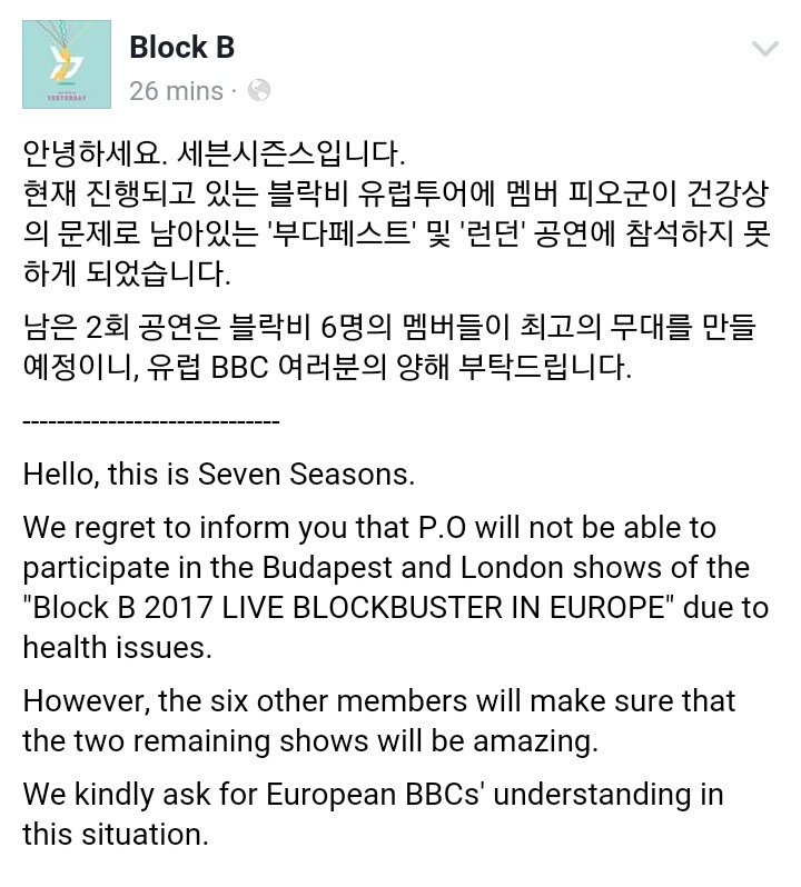 BlockB_united's tweet photo. [INFO] P.O will not be attending Block B's Concert in London and Budapest due to health reason. https://t.co/NGW3ZSjQHQ https://t.co/TJB4VXGpzo