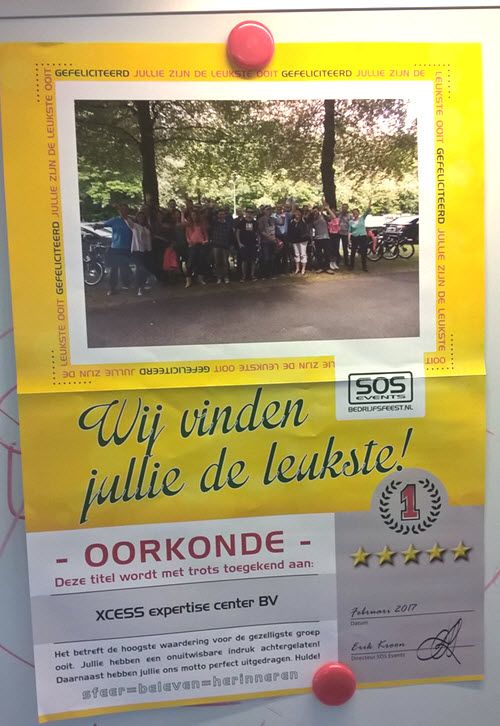 Trots op onze oorkonde! toegekend door <a href="/sosevents/">SOS Events</a> #gezelligheid #bedrijfsuitje #XCESS